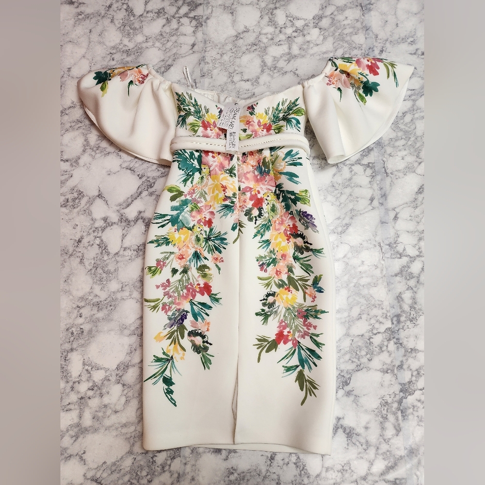 Off The Shoulder White Dress w/ Floral Print - Picture 3 of 10